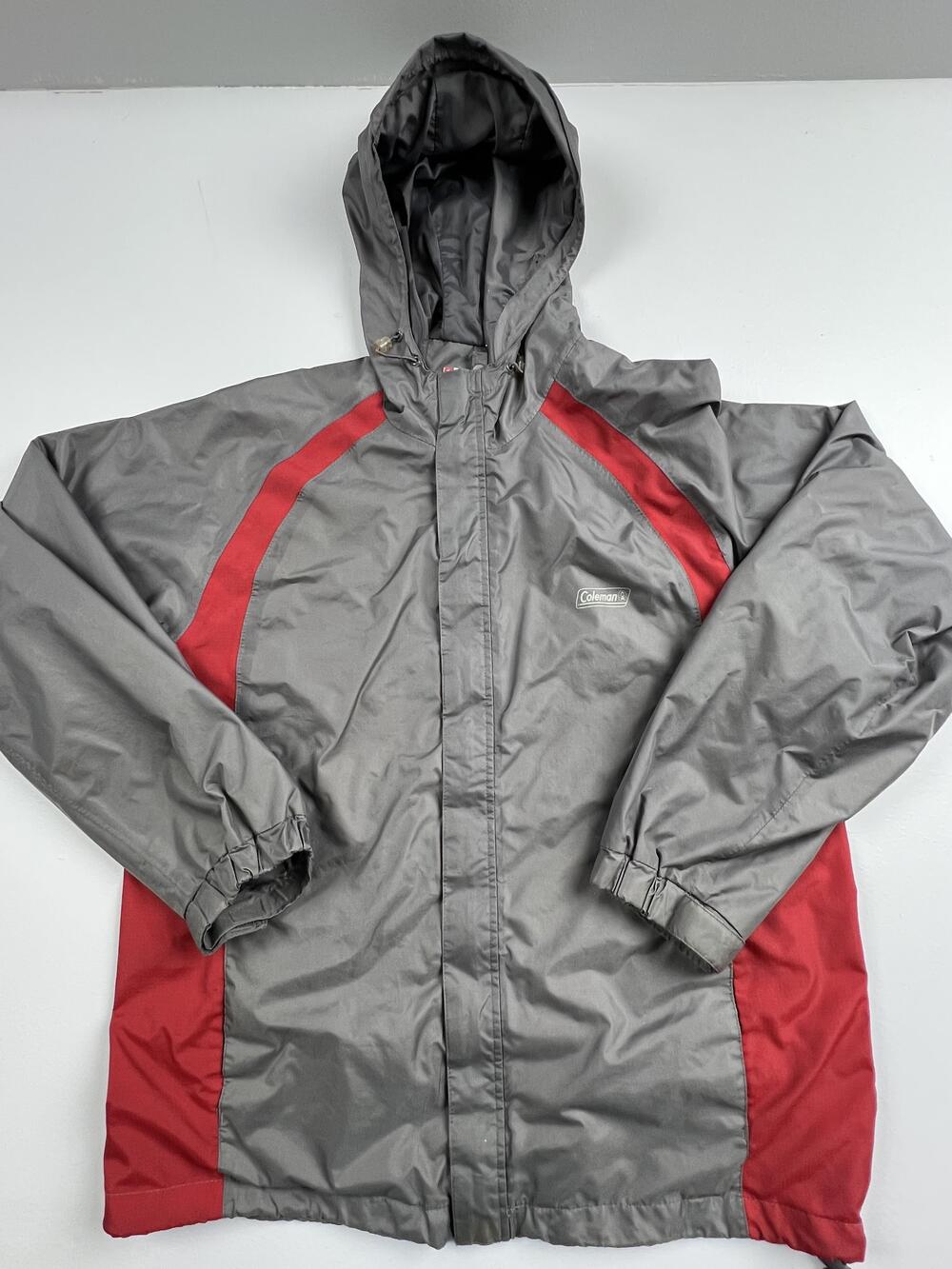 Coleman Jacket Mens Medium Gray Red Hooded Full Zip Windbreaker Hiking